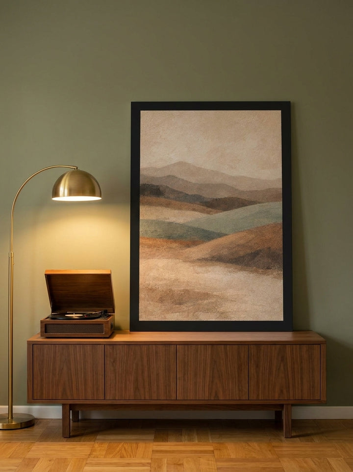 Modern wall art print standing on a sideboard in a mid-century living room