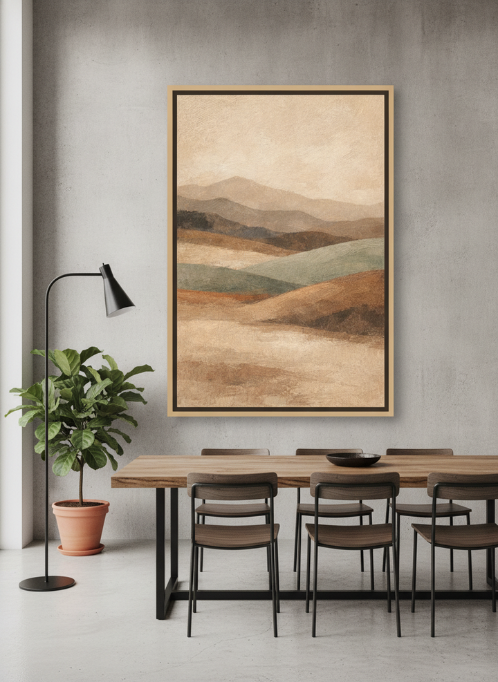 Oversized statement canvas wall art with a natural timber surround styled on the wall in an industrial loft dining room