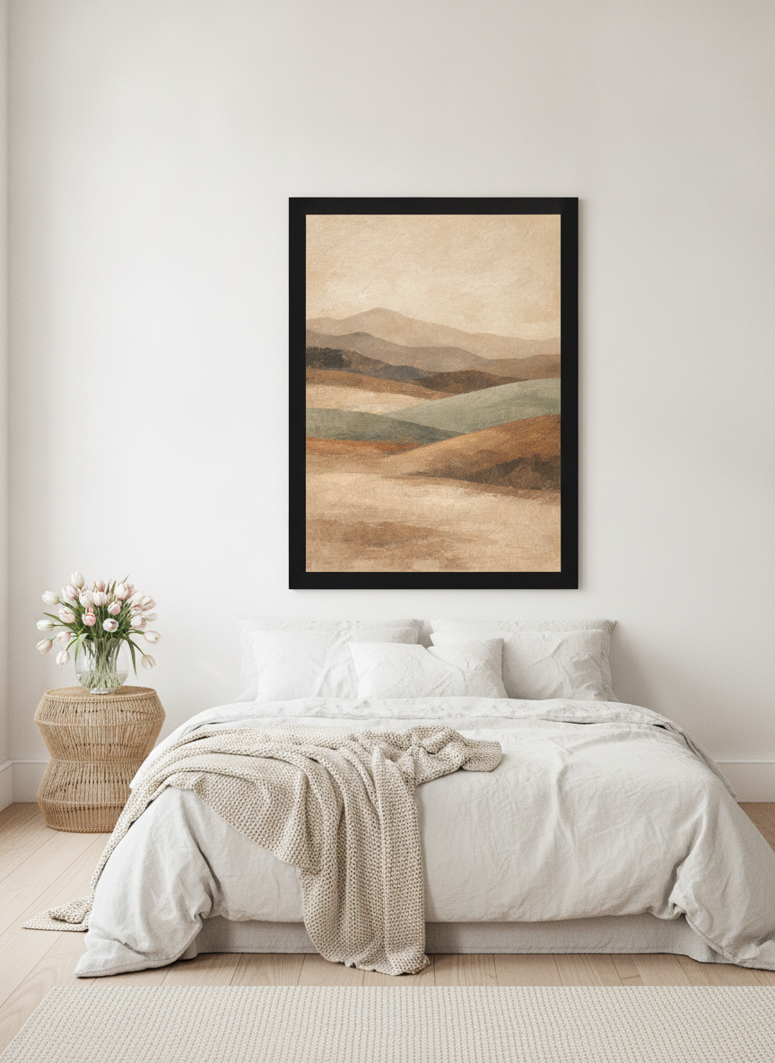 Oversized statement modern wall art print styled on the wall in a bright Scandinavian bedroom