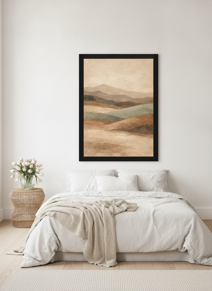 Oversized statement modern wall art print styled on the wall in a bright Scandinavian bedroom