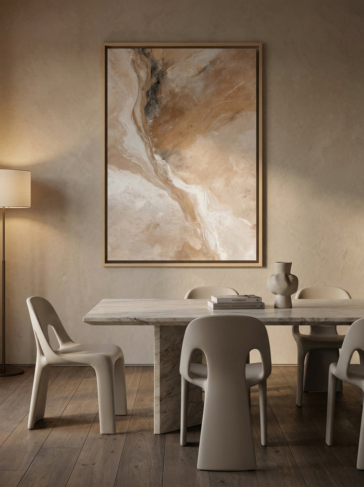 Oversized statement canvas wall art with a natural timber surround styled on the wall in a luxe dining room