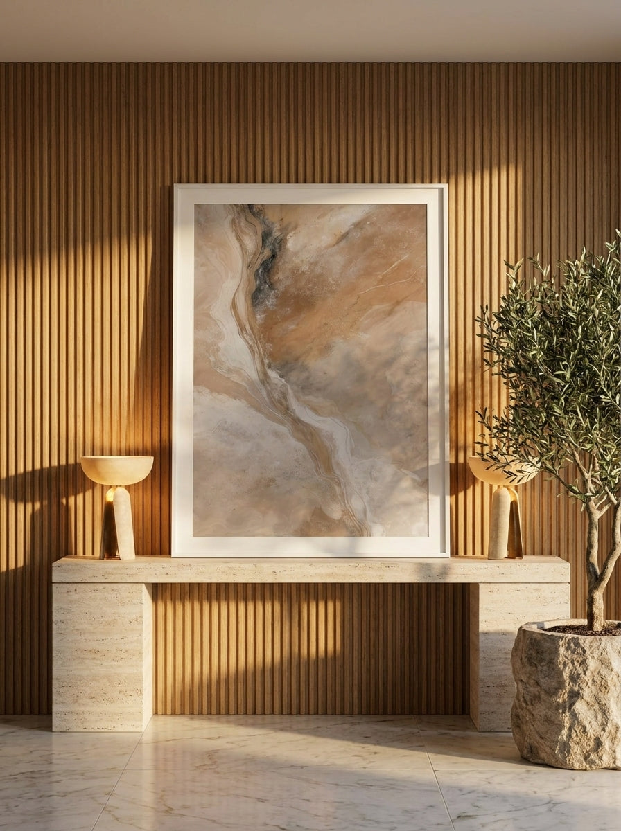 Modern wall art print standing on a console in a luxe bedroom