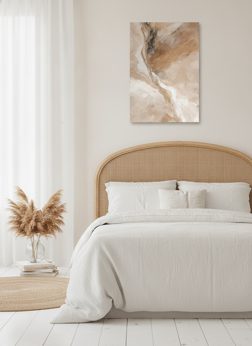 Stretched canvas wall art styled on the wall in a coastal bedroom