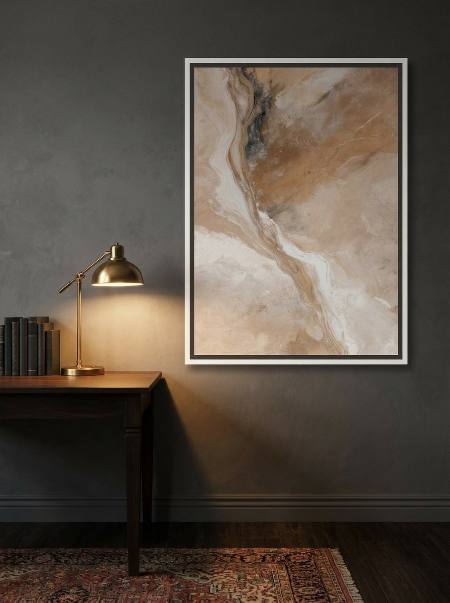 Canvas wall art with a white surround styled on the wall in a moody home office