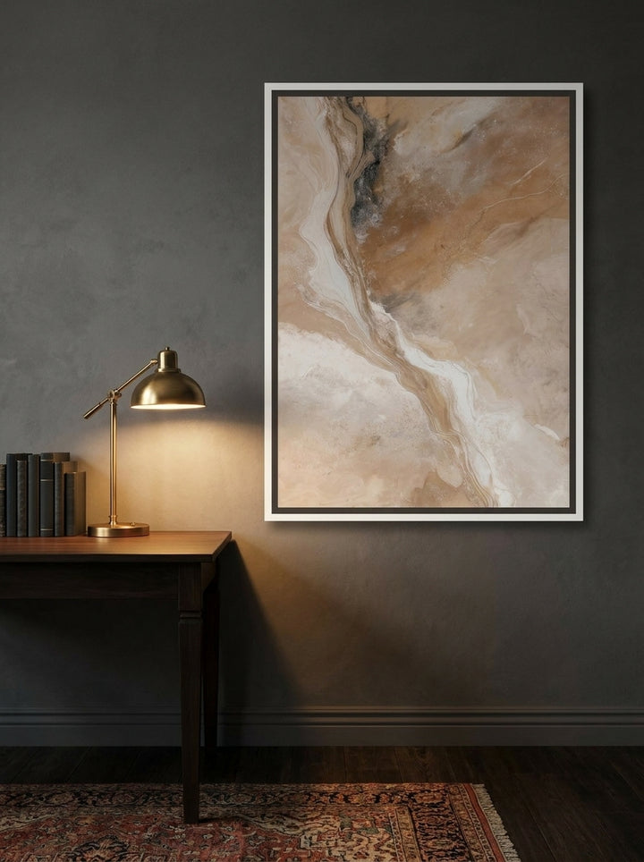 Canvas wall art with a white surround styled on the wall in a moody home office