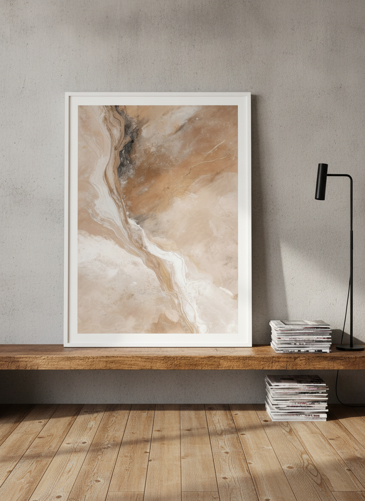 Modern wall art print standing on a bench in an industrial loft home office