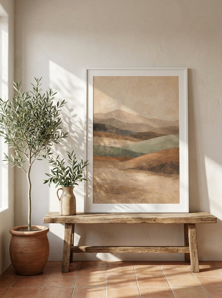 Modern wall art print standing on a bench in a Mediterranean home office