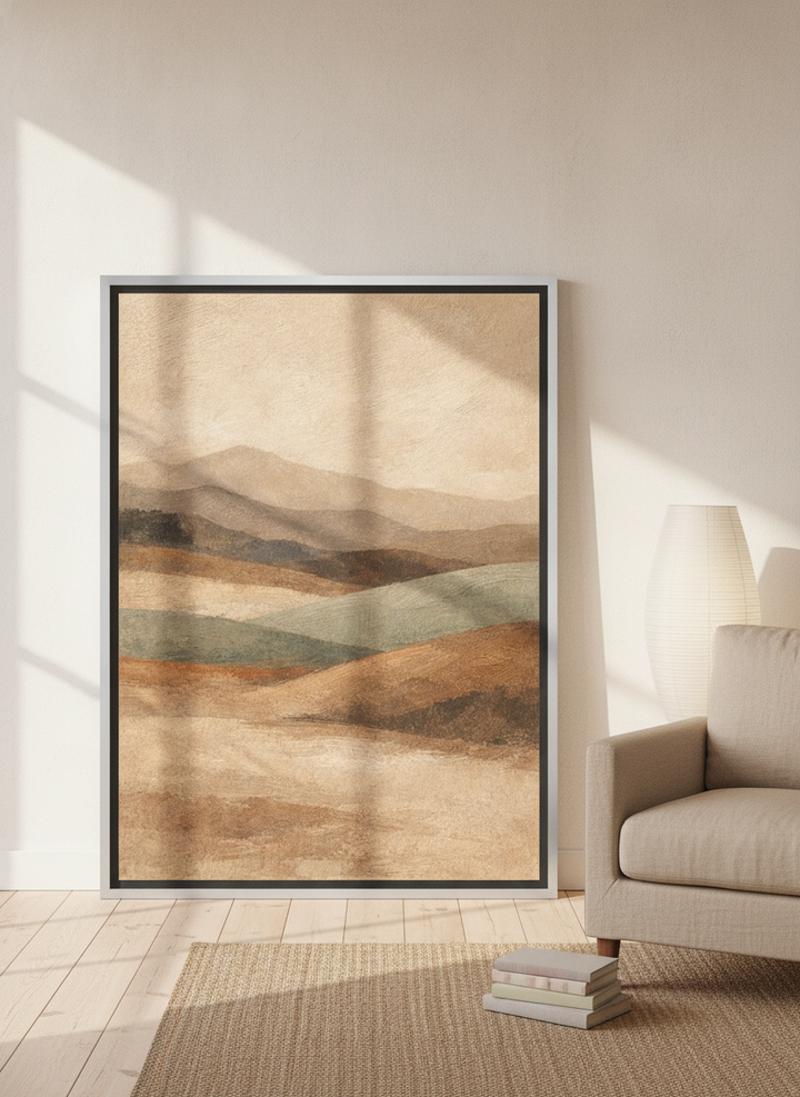 Oversized statement canvas wall art with a silver leaf surround leaning against the wall in a warm Japandi dining room
