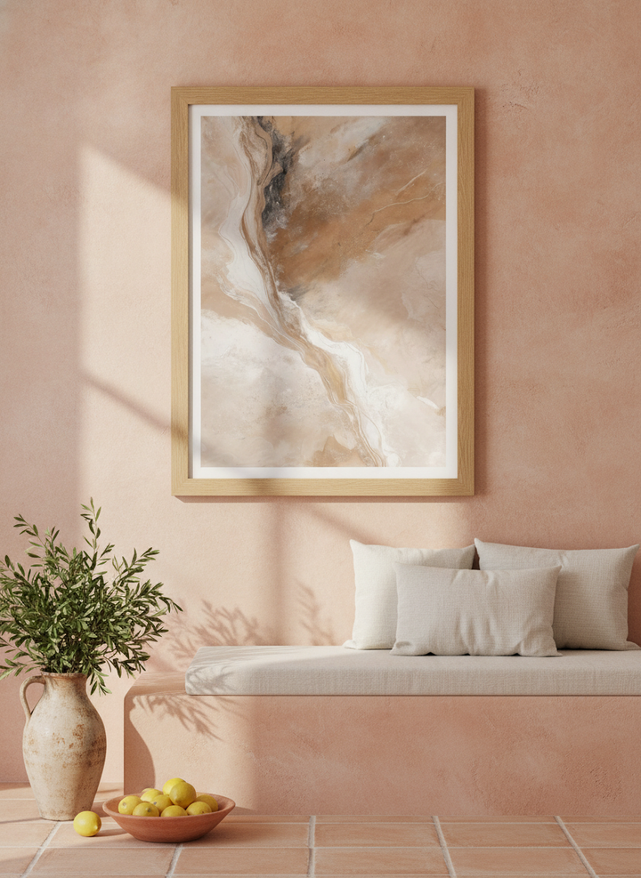 Modern wall art print styled on the wall in a Mediterranean living room