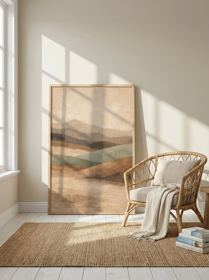 Oversized statement modern wall art print leaning against the wall in a coastal dining room