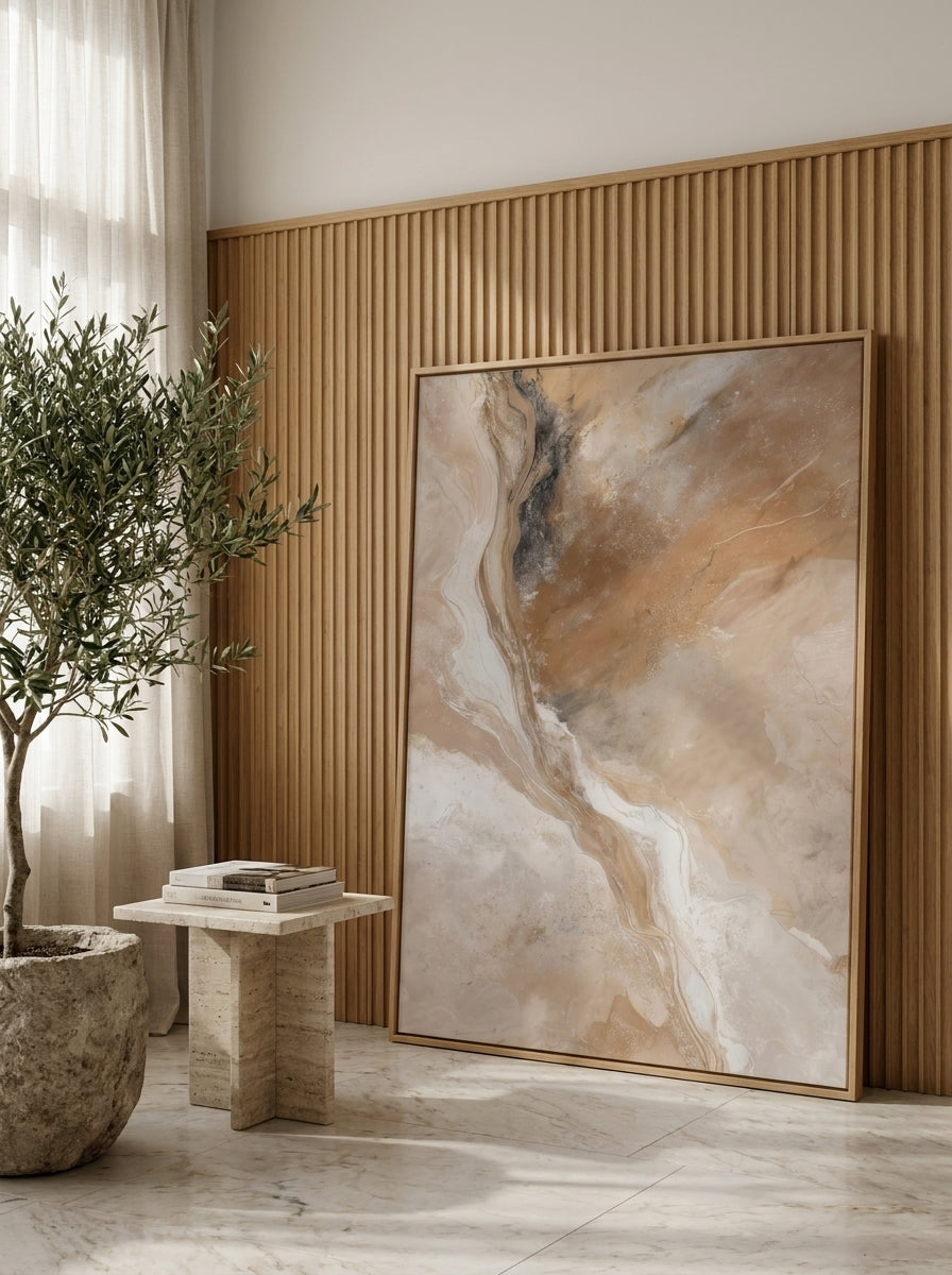 Oversized statement modern wall art print leaning against the wall in a luxe bedroom