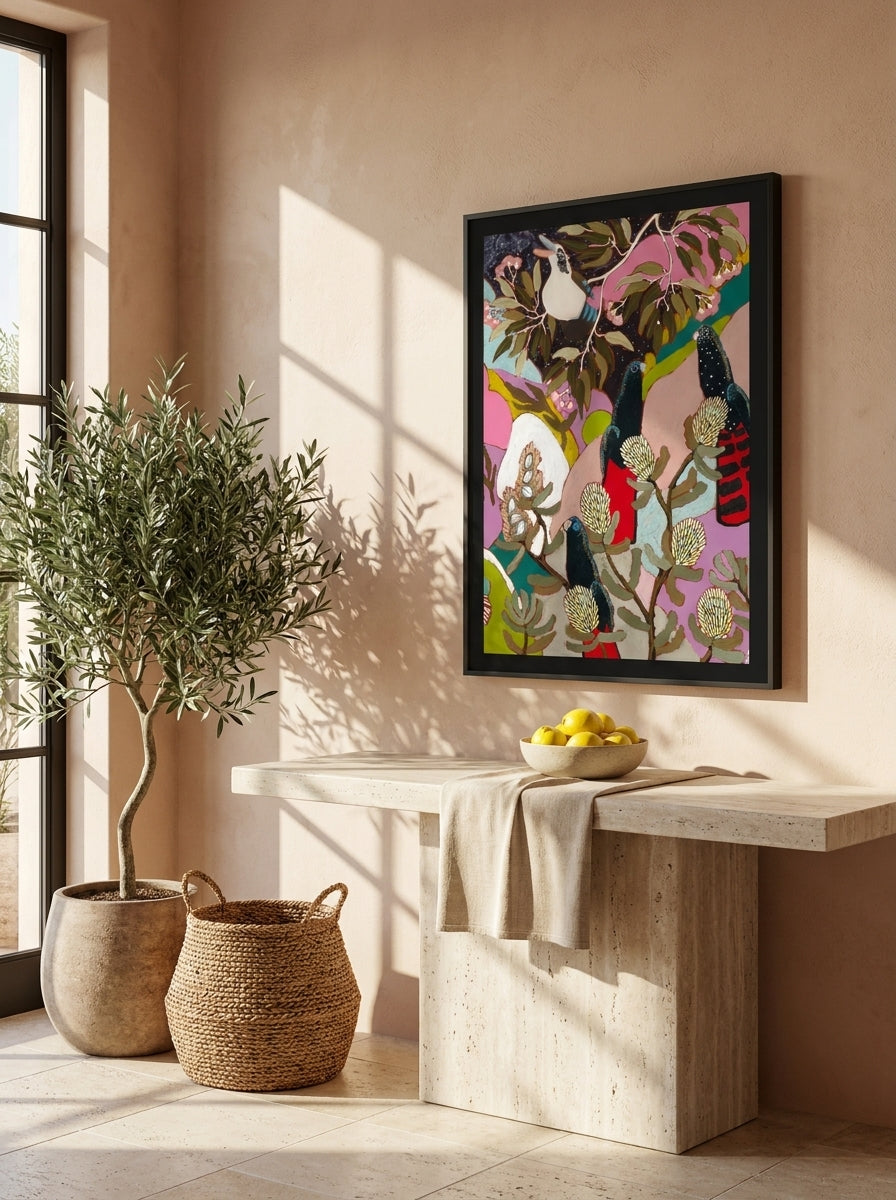 Modern wall art print styled on the wall in a Mediterranean living room