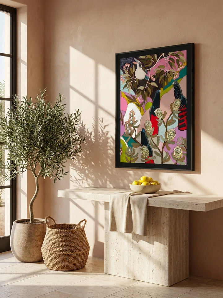 Modern wall art print styled on the wall in a Mediterranean living room