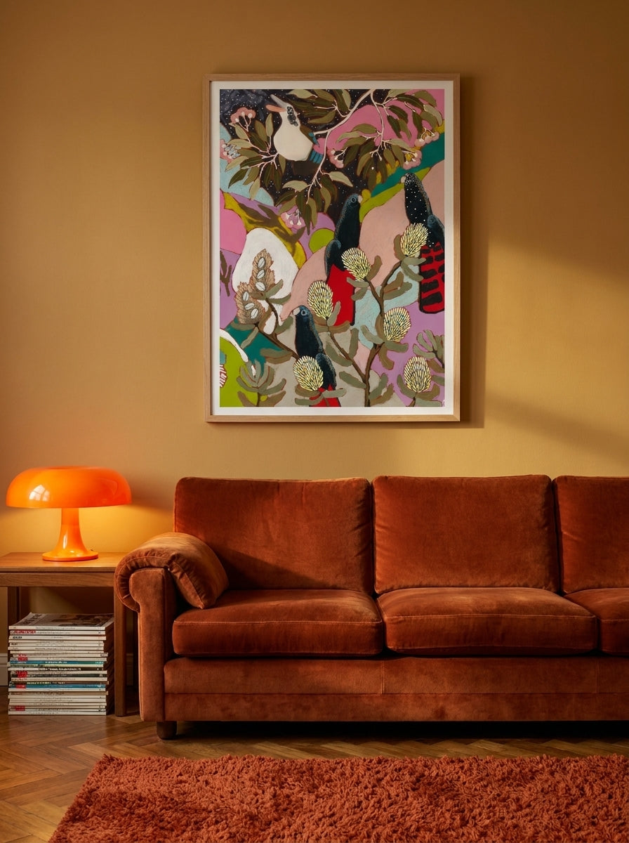 Modern wall art print styled on the wall in a retro 70s living room