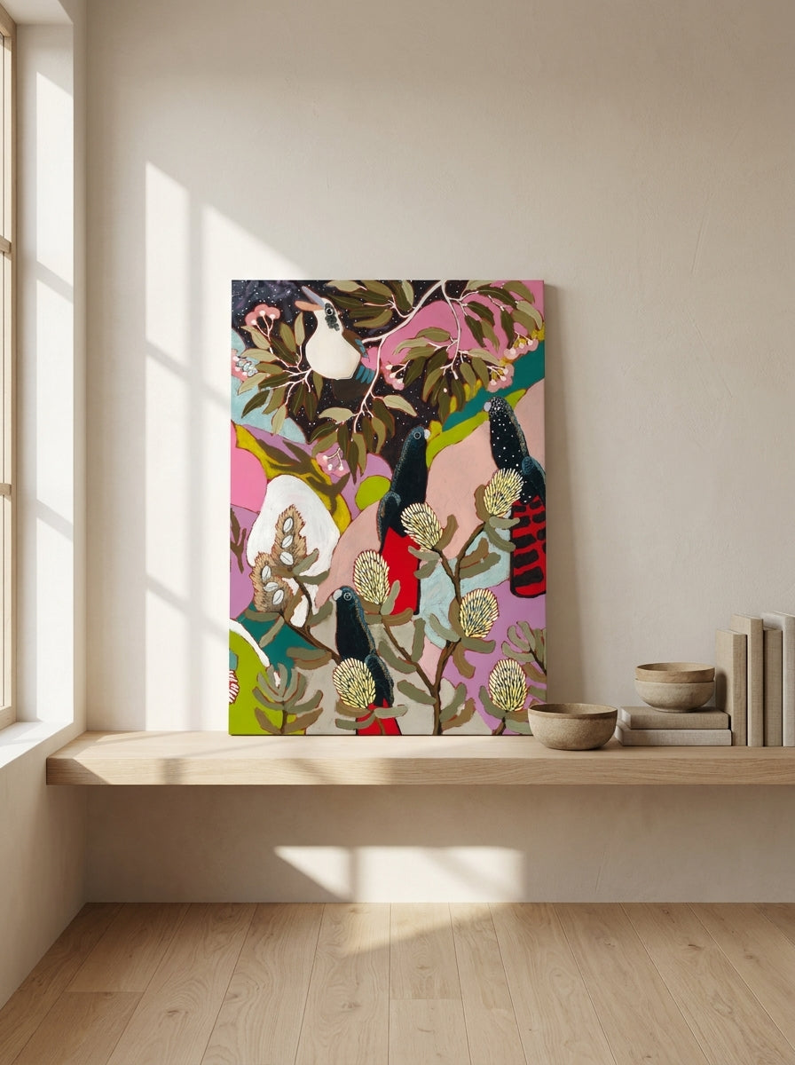 Stretched canvas wall art standing on a shelf in a warm Japandi bedroom