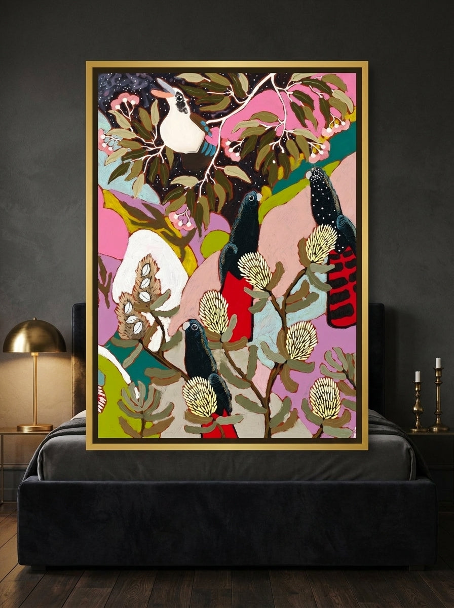 Canvas wall art with a gold leaf surround styled on the wall in a moody bedroom