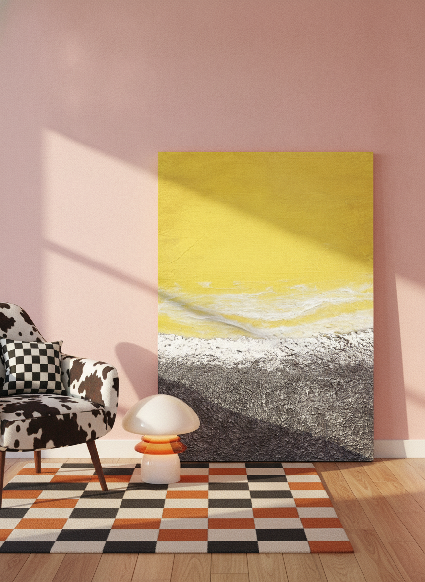 Stretched canvas wall art leaning against the wall in a colourful eclectic home office