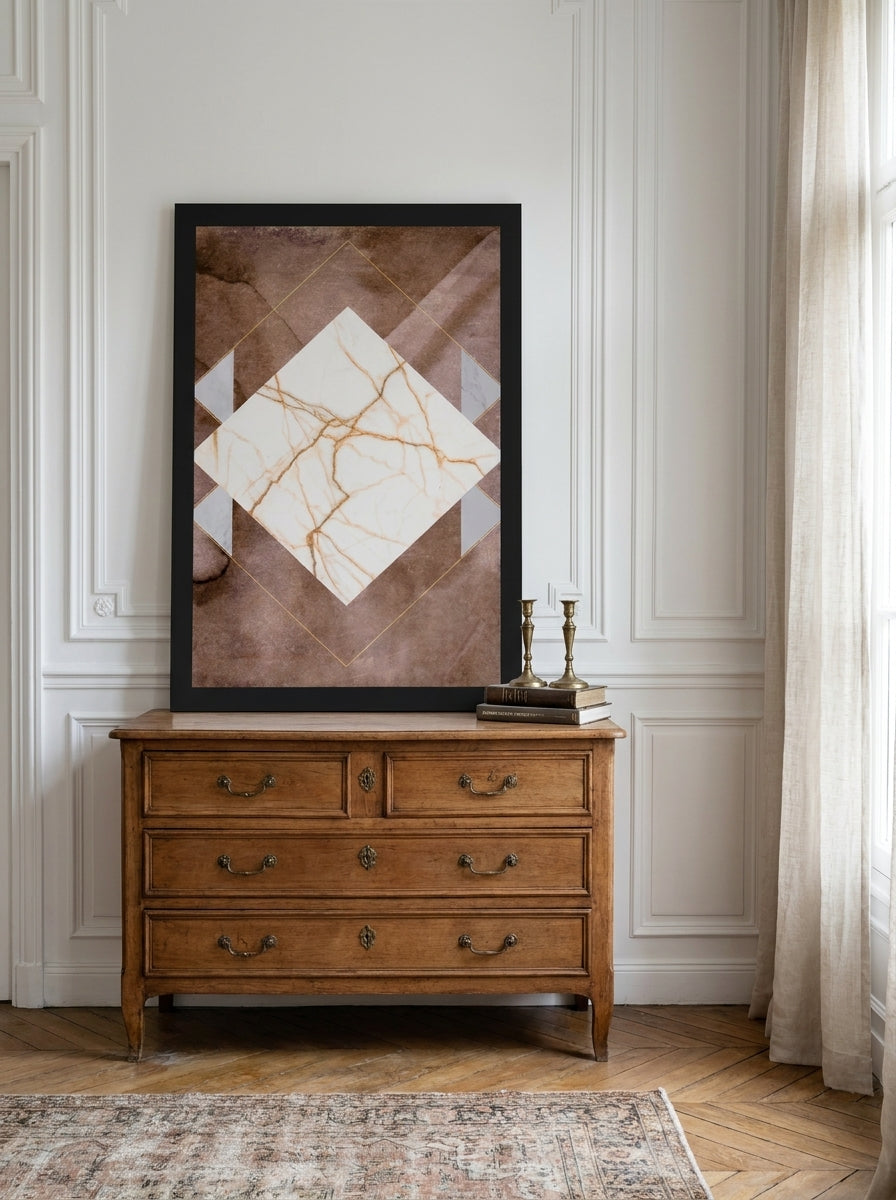 Modern wall art print standing on a sideboard in a Parisian home office