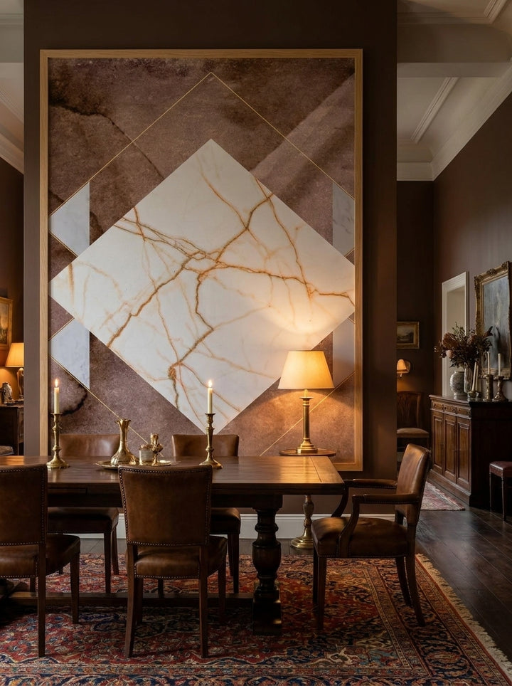 Oversized statement modern wall art print styled on the wall in a moody dining room