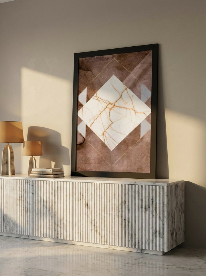 Modern wall art print standing on a sideboard in a luxe dining room