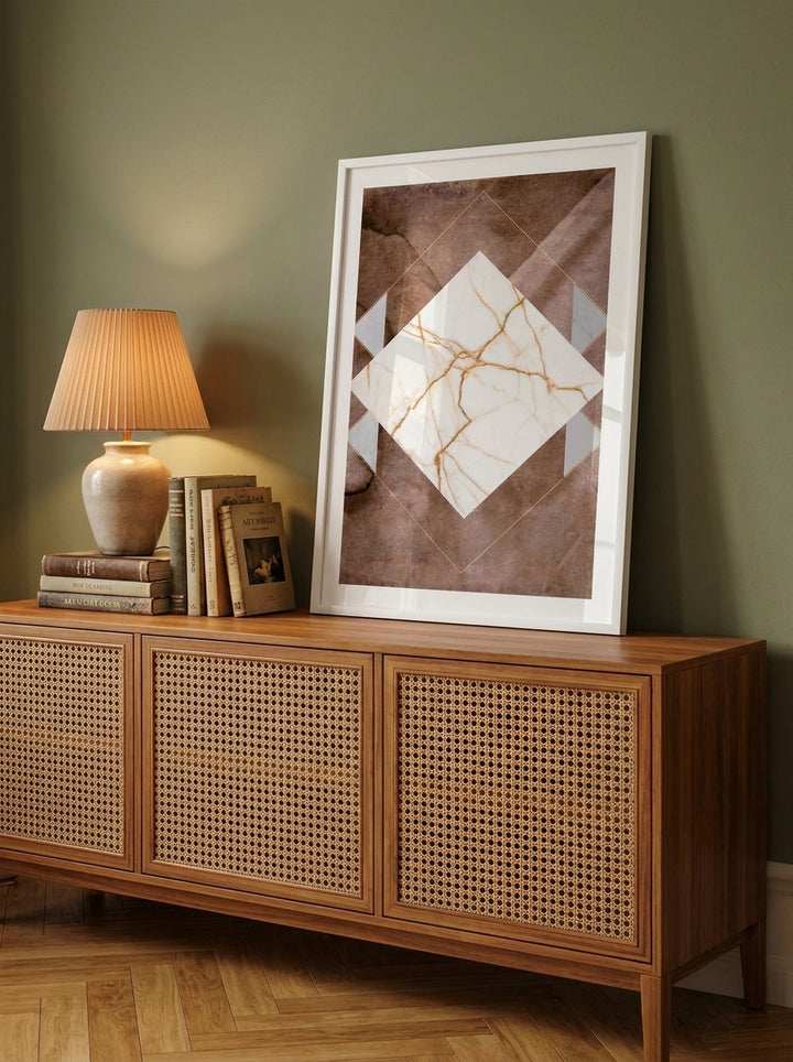 Modern wall art print standing on a sideboard in a mid-century bedroom