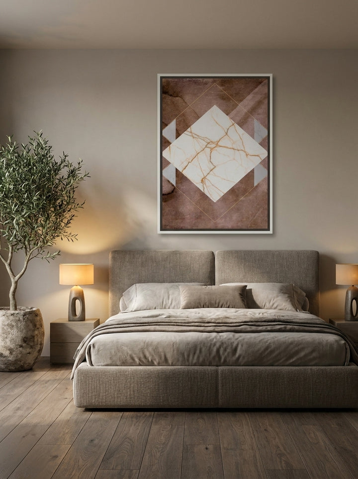 Canvas wall art with a white surround styled on the wall in a luxe bedroom