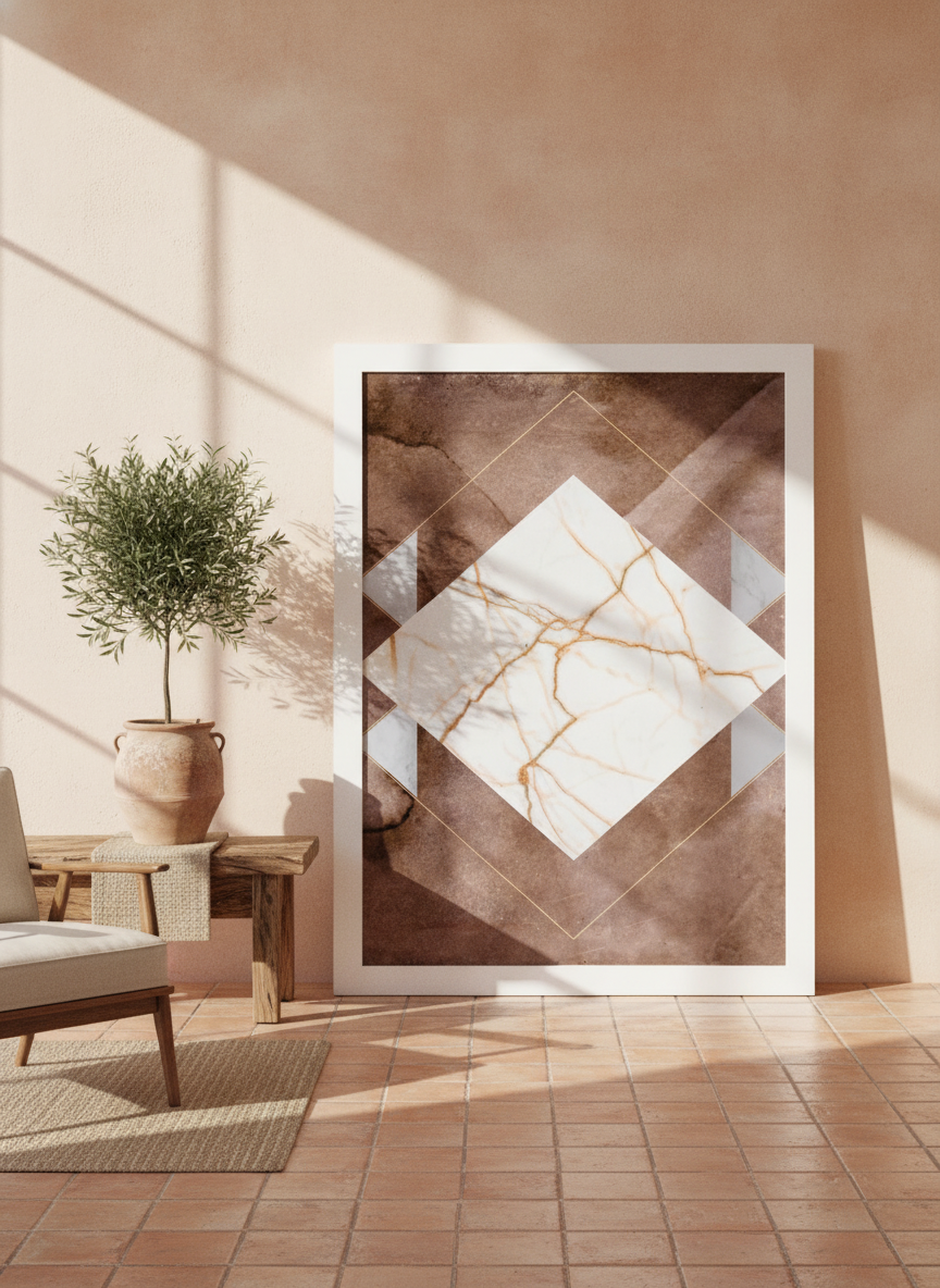 Oversized statement modern wall art print leaning against the wall in a Mediterranean living room