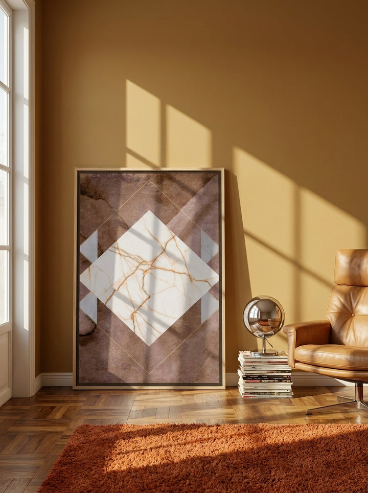 Canvas wall art with a natural timber surround leaning against the wall in a retro 70s bedroom