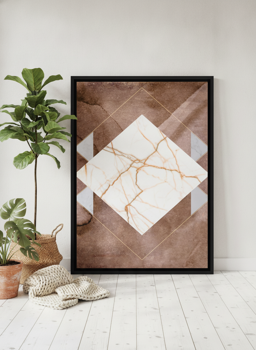 Oversized statement canvas wall art with a black surround leaning against the wall in a bright Scandinavian dining room