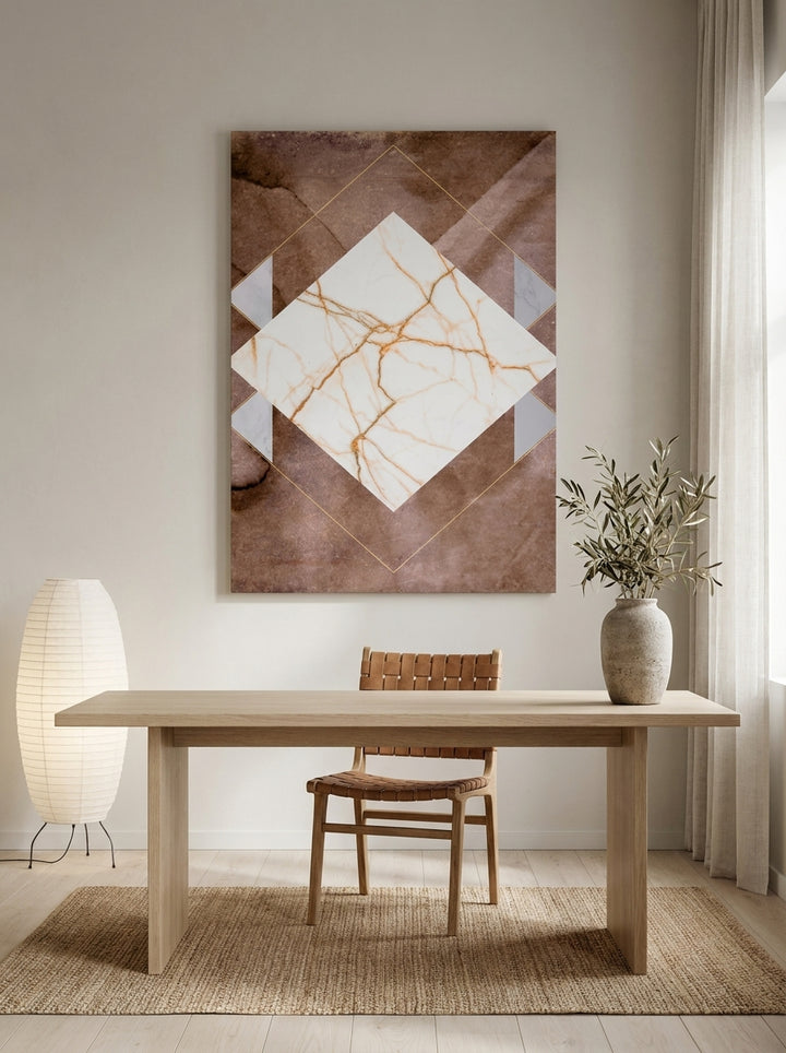 Stretched canvas wall art styled on the wall in a warm Japandi home office