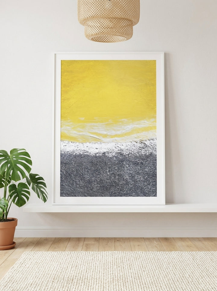 Modern wall art print standing on a shelf in a bright Scandinavian home office