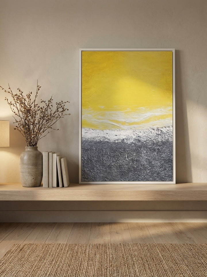 Modern wall art print standing on a shelf in a warm Japandi bedroom