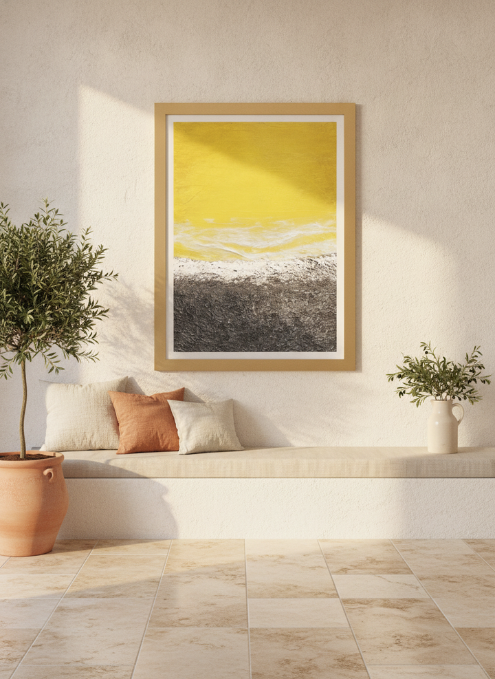 Modern wall art print styled on the wall in a Mediterranean living room