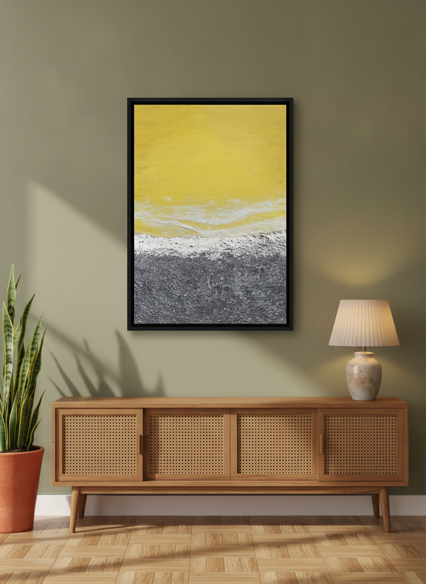 Canvas wall art with a black surround styled on the wall in a mid-century living room
