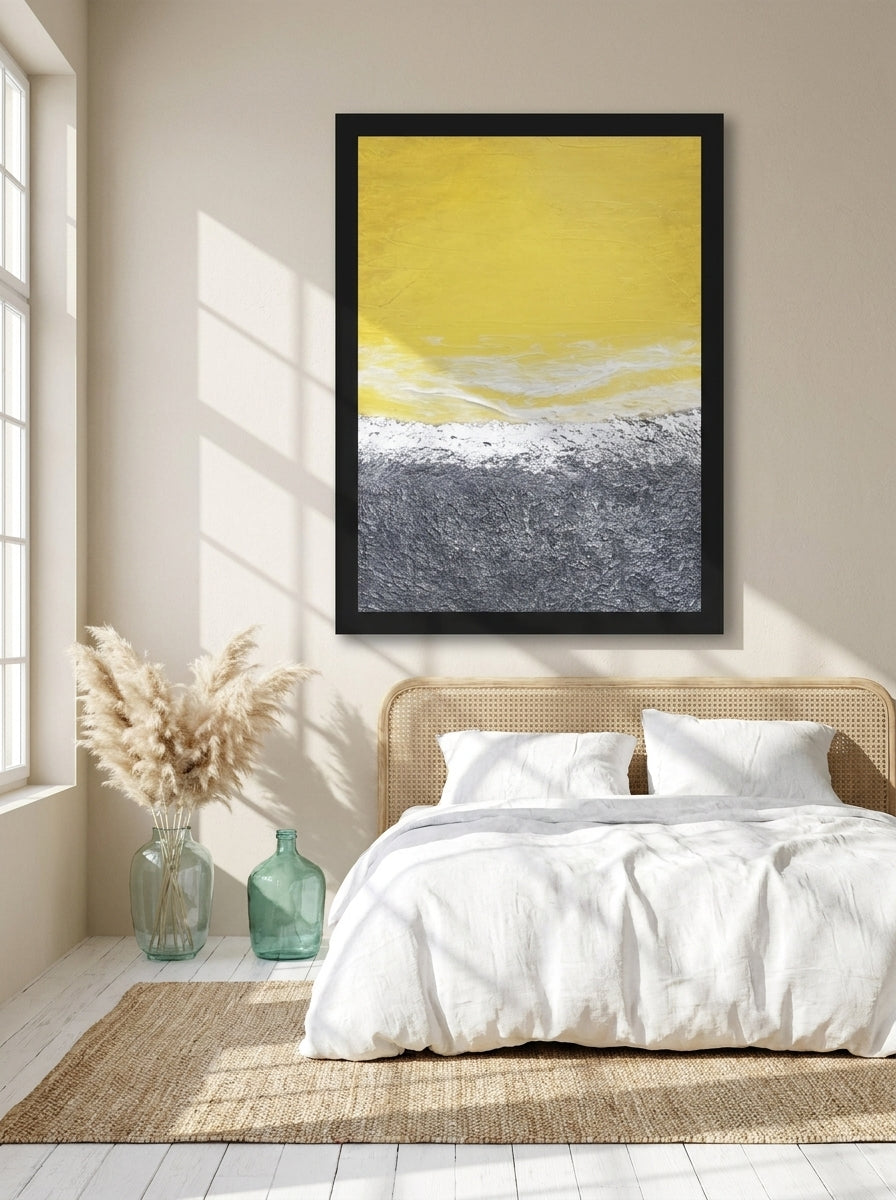 Oversized statement modern wall art print styled on the wall in a coastal bedroom