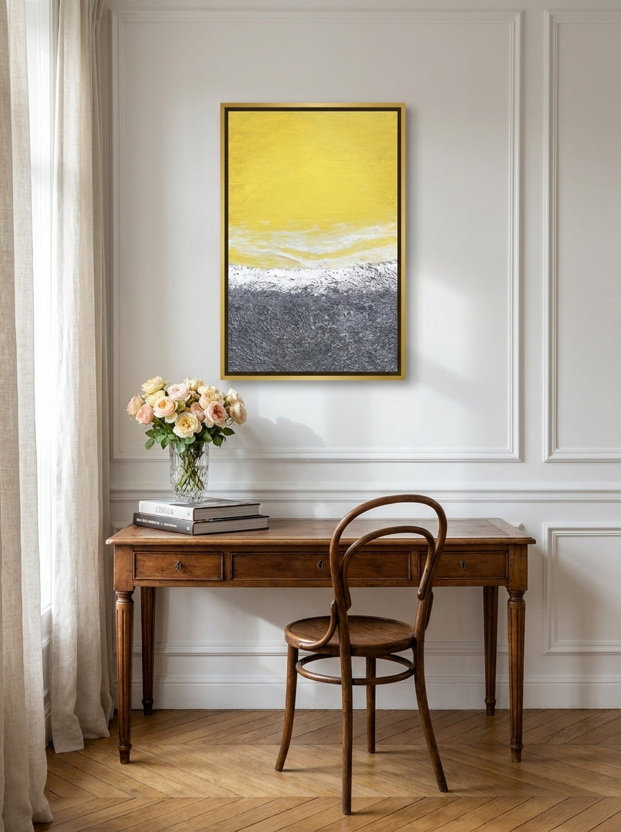Canvas wall art with a gold leaf surround styled on the wall in a Parisian home office