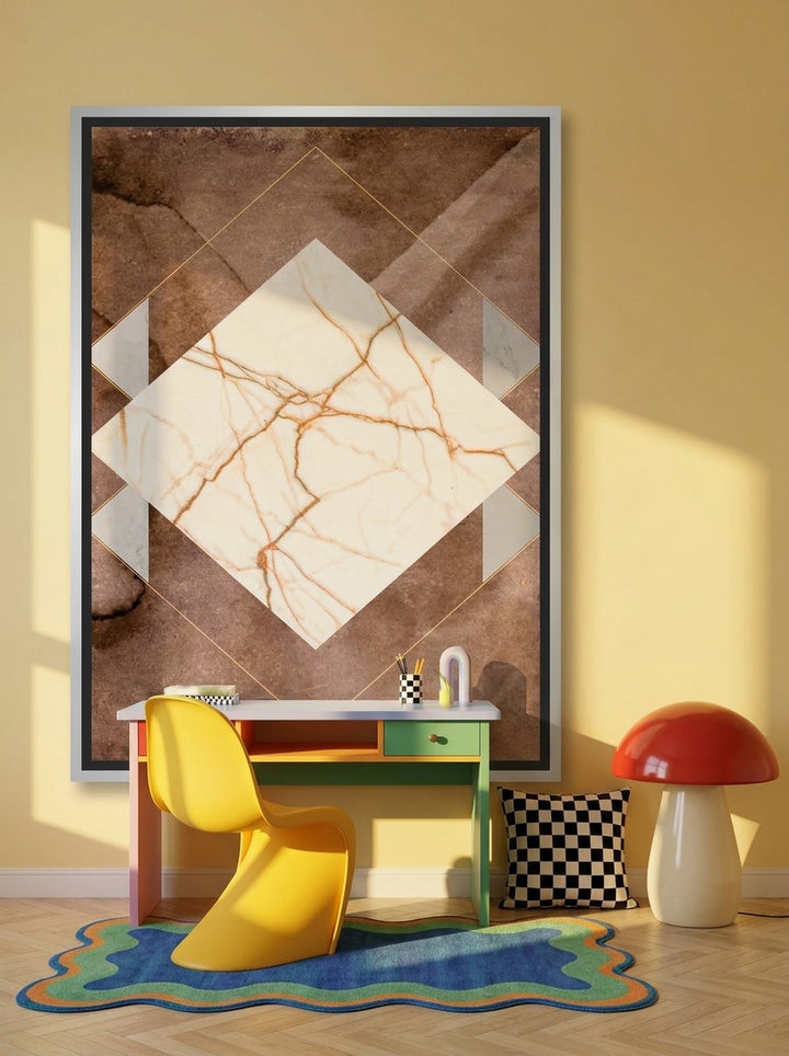 Canvas wall art with a silver leaf surround styled on the wall in a colourful eclectic home office