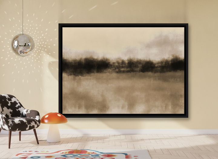 Canvas wall art with a black surround leaning against the wall in a colourful eclectic living room
