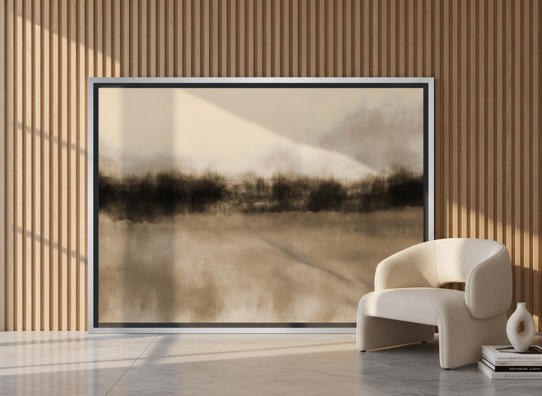 Oversized statement canvas wall art with a silver leaf surround leaning against the wall in a luxe bedroom