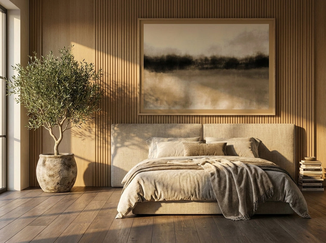 Oversized statement modern wall art print styled on the wall in a luxe bedroom