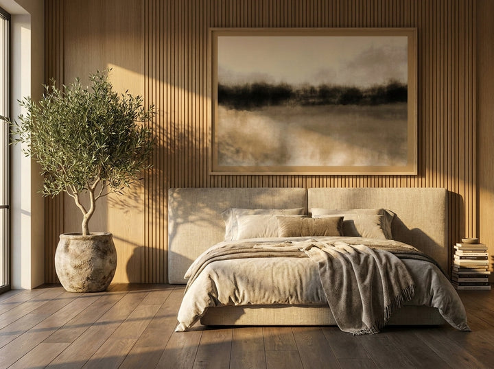 Oversized statement modern wall art print styled on the wall in a luxe bedroom
