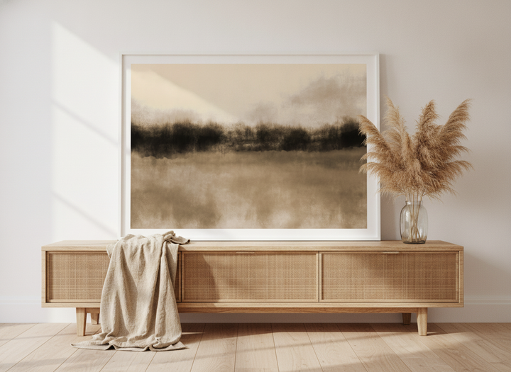 Modern wall art print standing on a sideboard in a coastal home office