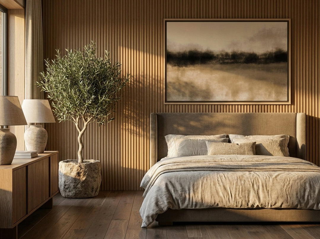 Oversized statement canvas wall art with a natural timber surround styled on the wall in a luxe bedroom