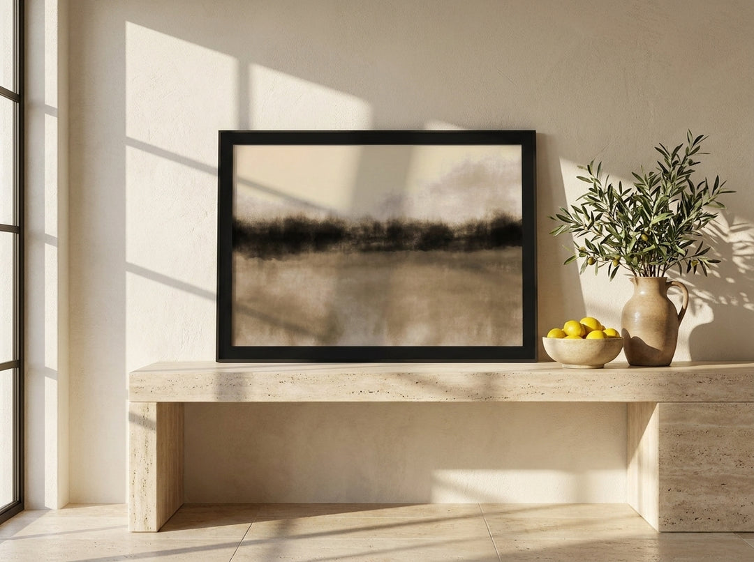 Modern wall art print standing on a console in a Mediterranean living room