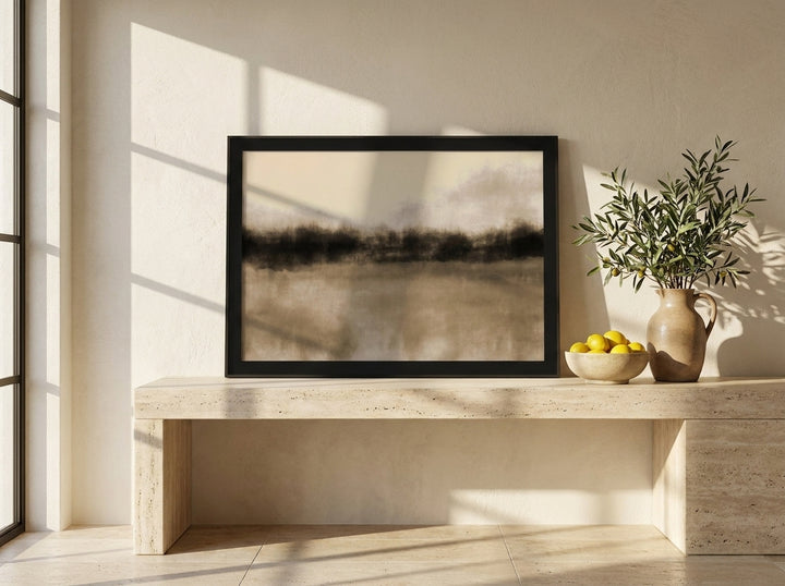 Modern wall art print standing on a console in a Mediterranean living room