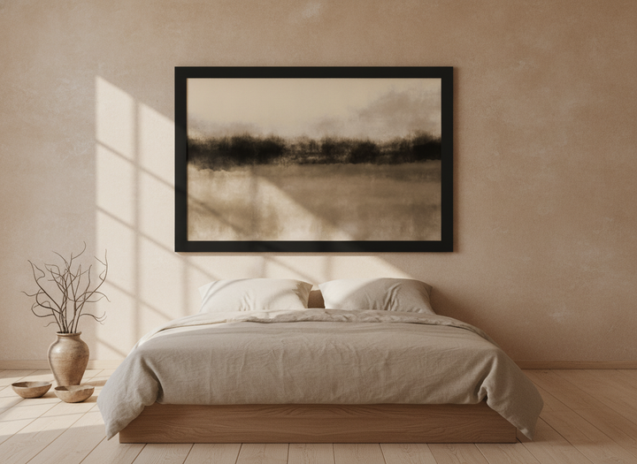 Oversized statement modern wall art print styled on the wall in a warm Japandi bedroom