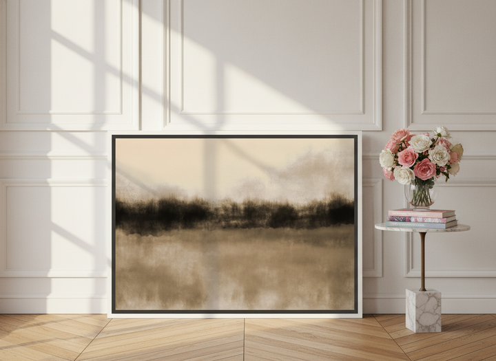 Canvas wall art with a white surround leaning against the wall in a Parisian bedroom