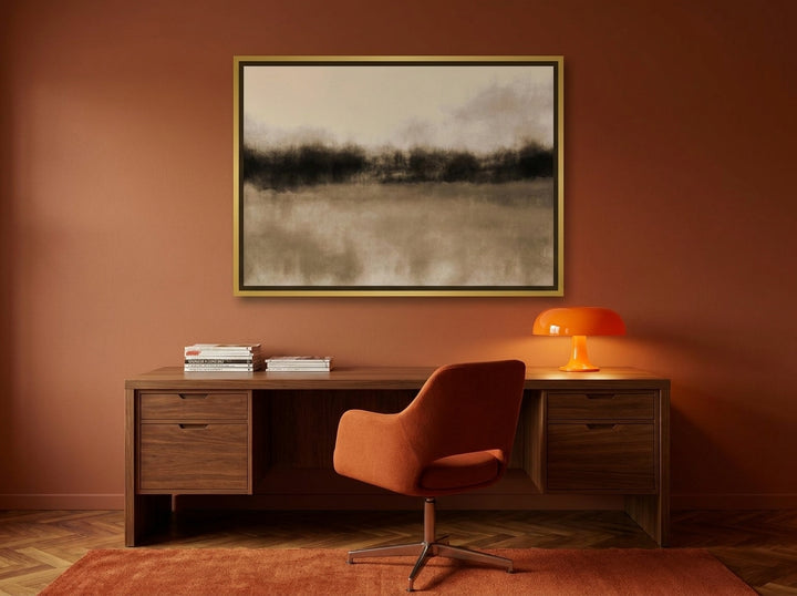 Canvas wall art with a gold leaf surround styled on the wall in a retro 70s home office
