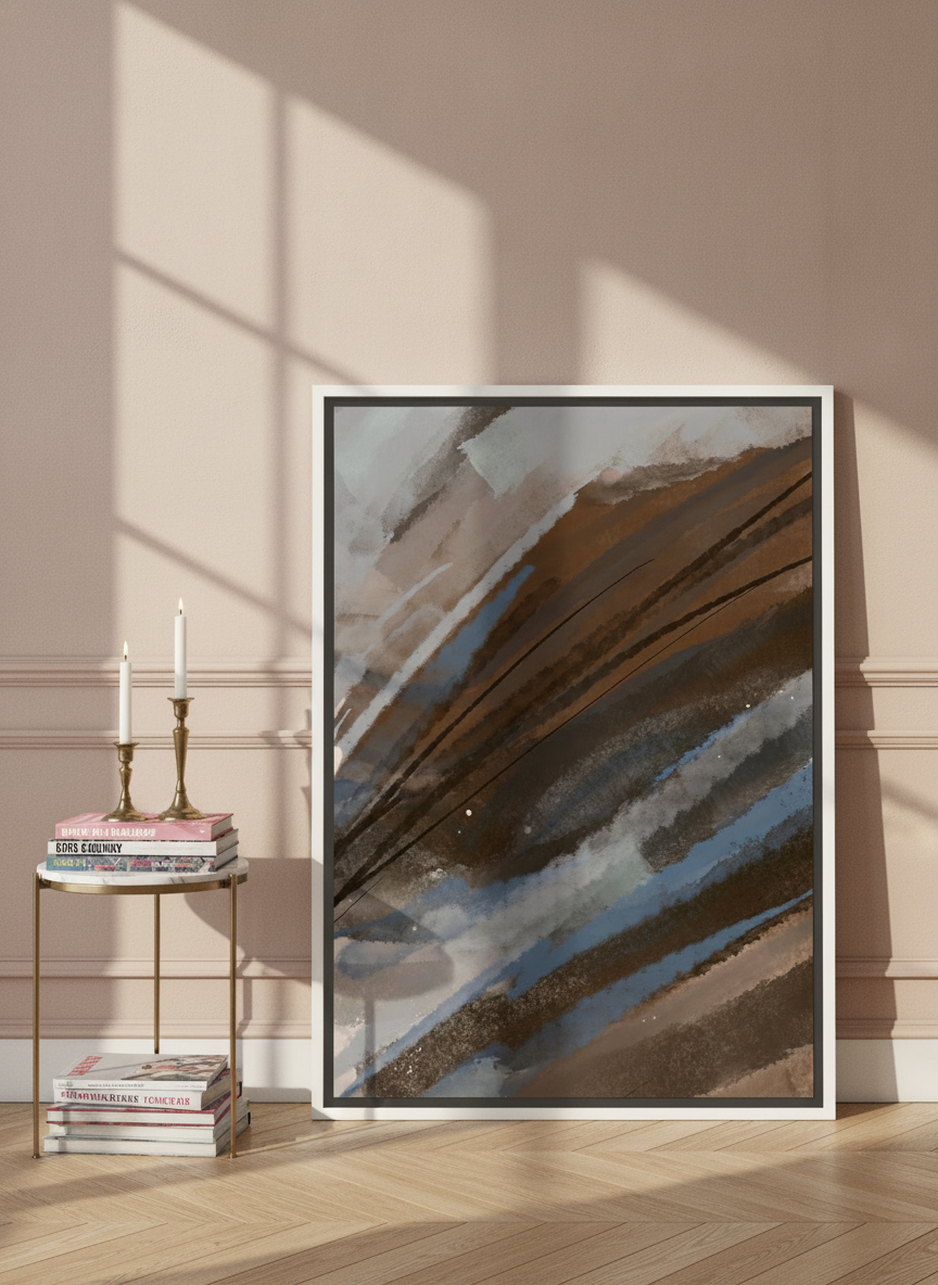 Canvas wall art with a white surround leaning against the wall in a Parisian home office