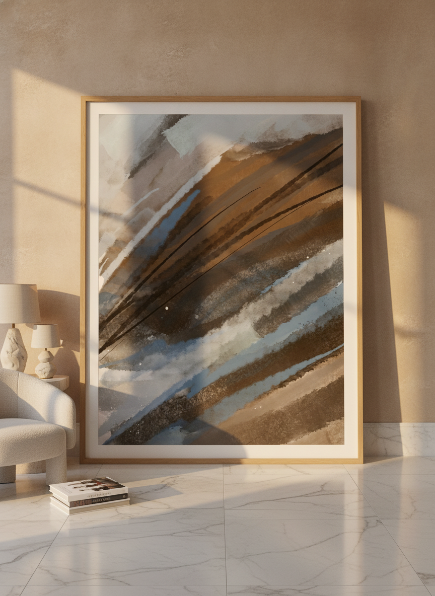 Oversized statement modern wall art print leaning against the wall in a luxe living room